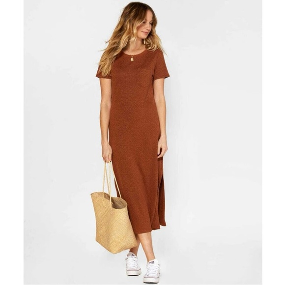 Outerknown Neptune Crew Neck Side Slit Tee Shirt Midi Dress Brown Women’s XS - Picture 1 of 7
